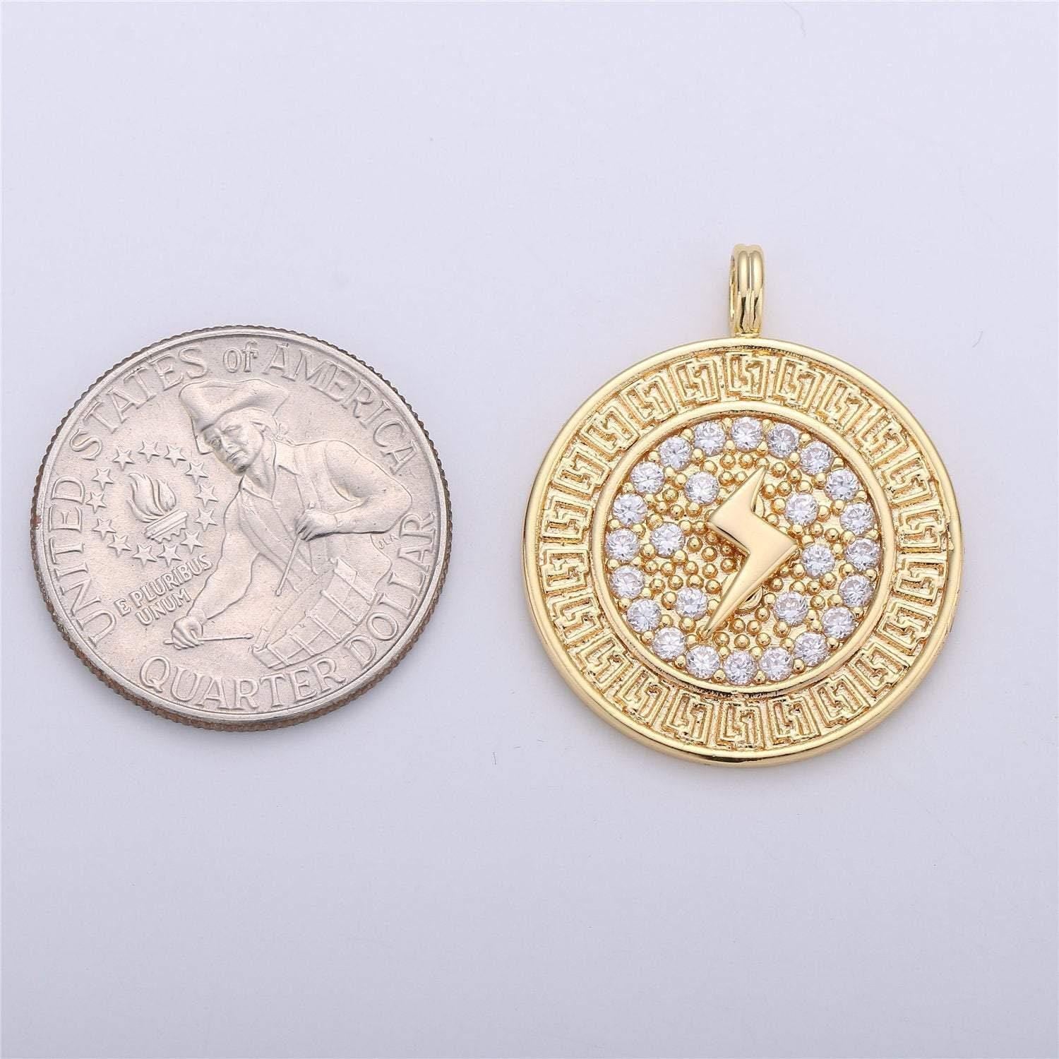 Thunder charm 32x26mm gold filled medallion lightning bolt charm, cz micro pave lightning bolt charm pendant