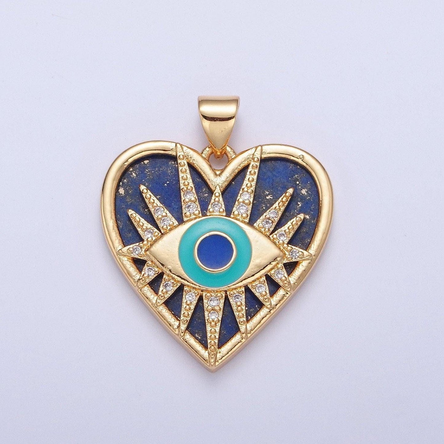 24k gold filled evil eye blue heart sunburst pendant, micro pave cz beads evil eye heart charm, cubic gold sunburst heart jewelry | h-687