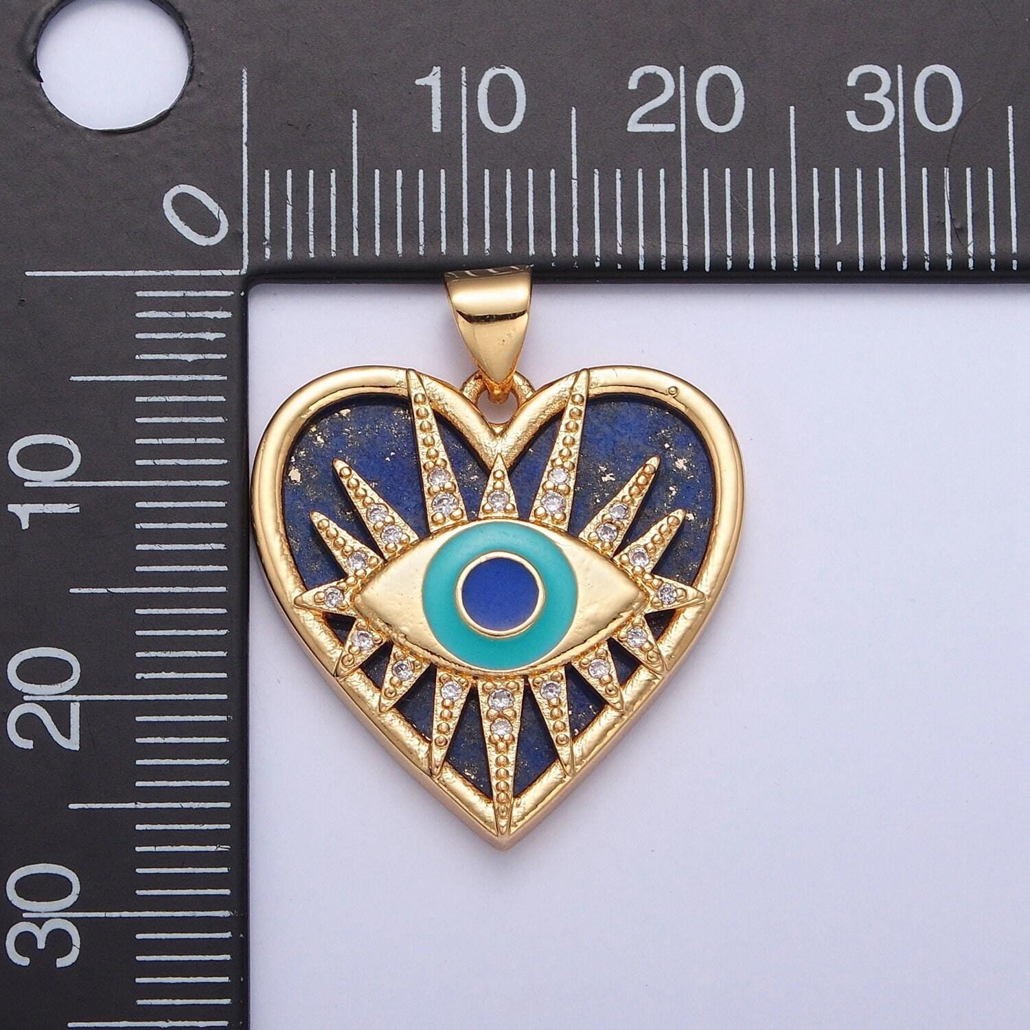 24k gold filled evil eye blue heart sunburst pendant, micro pave cz beads evil eye heart charm, cubic gold sunburst heart jewelry | h-687