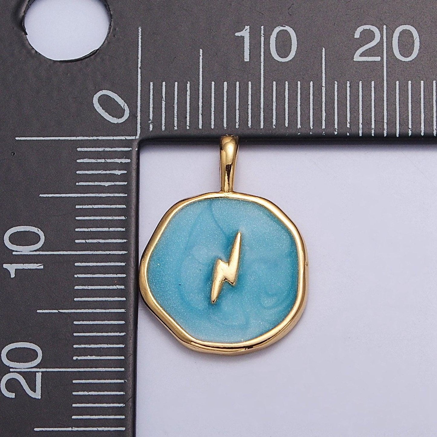 Blue-ish teal enamel lightning bolt medallion charm, 14k gold filled enamel bolt charm for necklace bracelet jewelry making supply | i-080