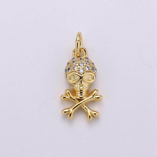 Skull 24k gold charm pirate cz pave pendant treasure cubic zirconia charmskeletal cluster cubic zirconiacharm dainty jewelrychgf-1820