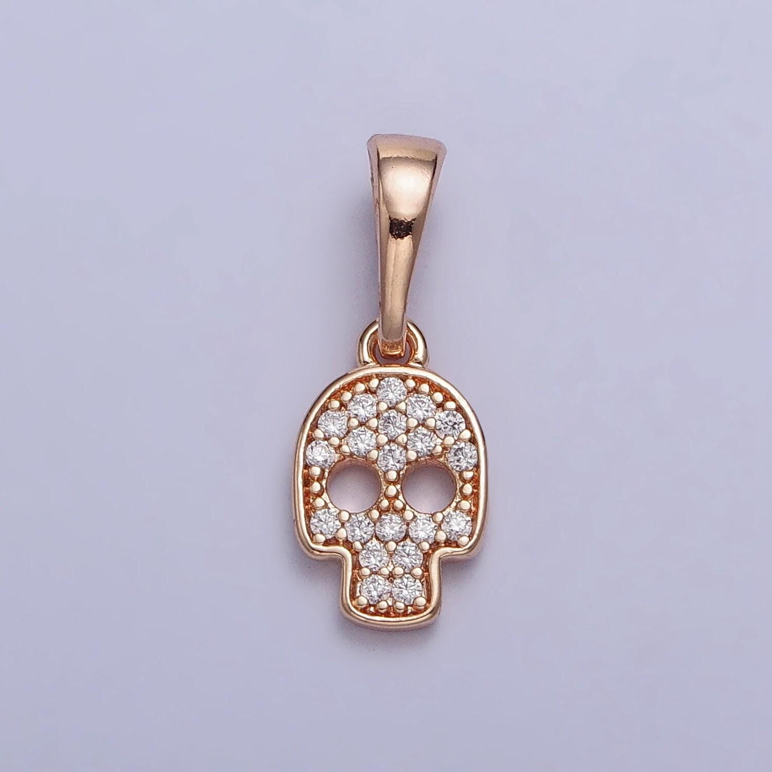 Dainty 18k gold filled clear micro paved cz skull charm head skeleton pinky gold pendant | aa033