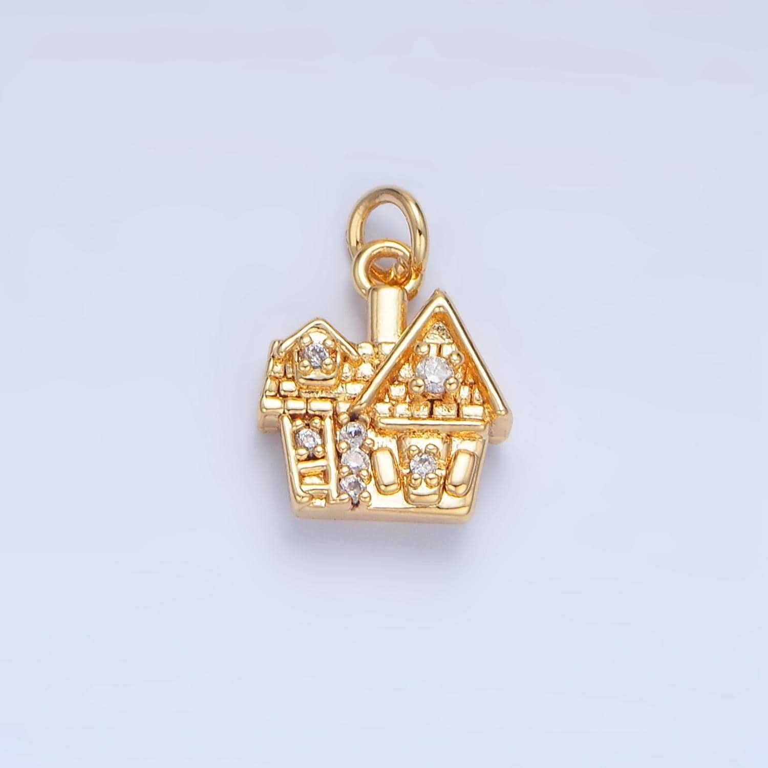 Mini double sided cz heart multidimensional house 24k gold filled charm | x-853
