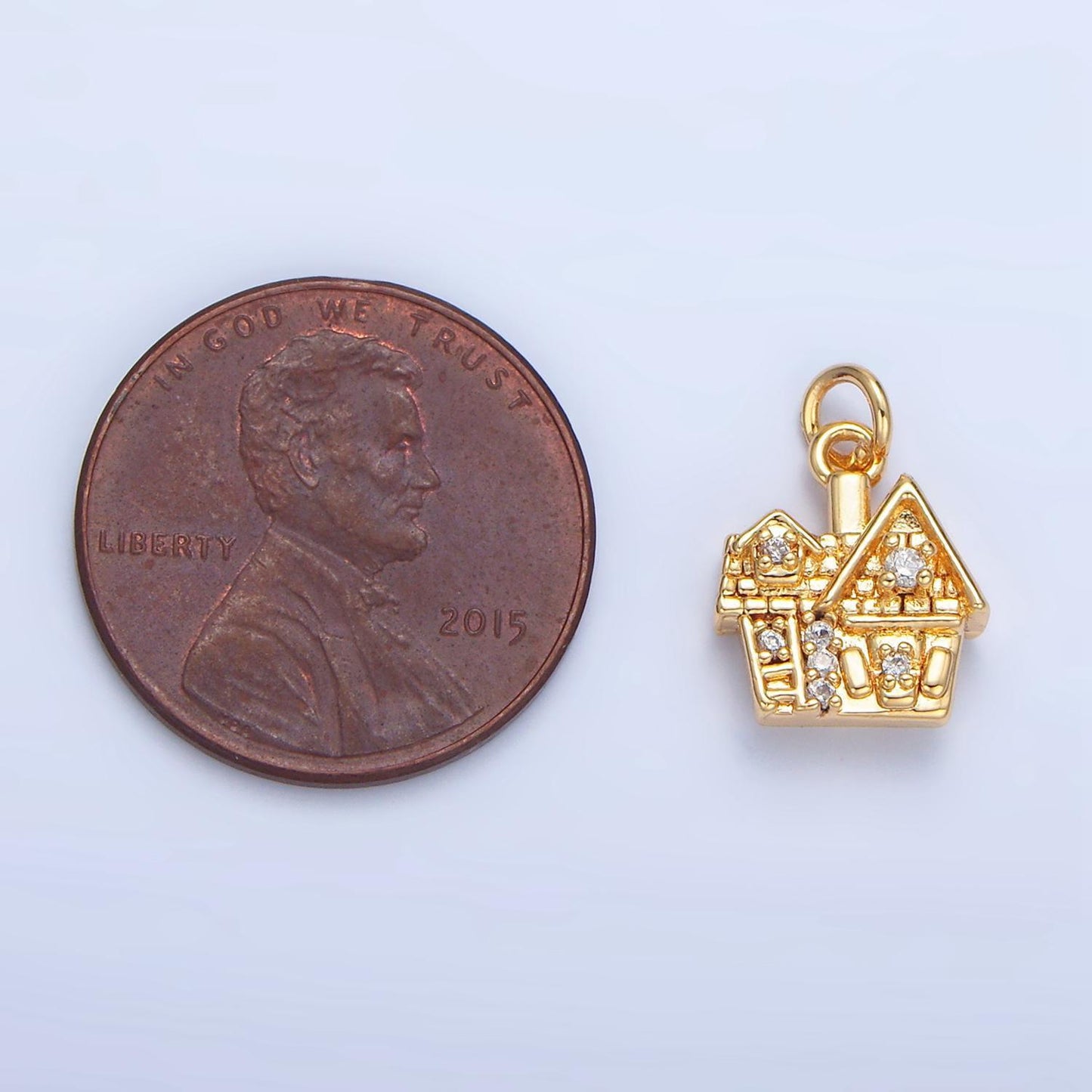 Mini double sided cz heart multidimensional house 24k gold filled charm | x-853