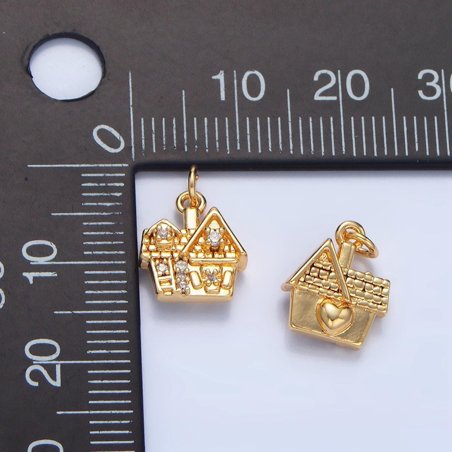 Mini double sided cz heart multidimensional house 24k gold filled charm | x-853