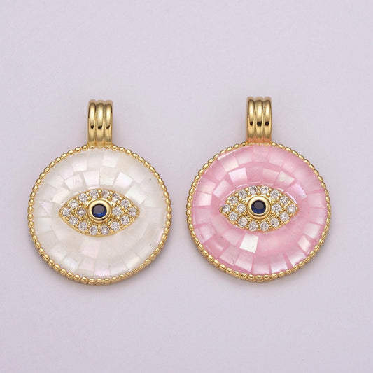 24k gold filled evil eye charm necklace -round circle dainty pink white necklace evil eye pendant layered necklace for women