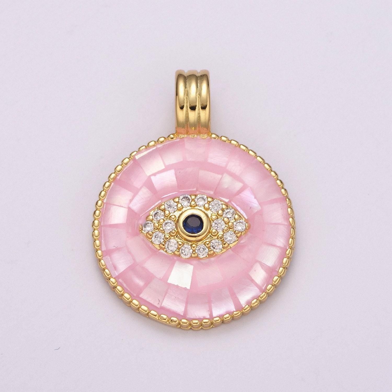 24k gold filled evil eye charm necklace -round circle dainty pink white necklace evil eye pendant layered necklace for women