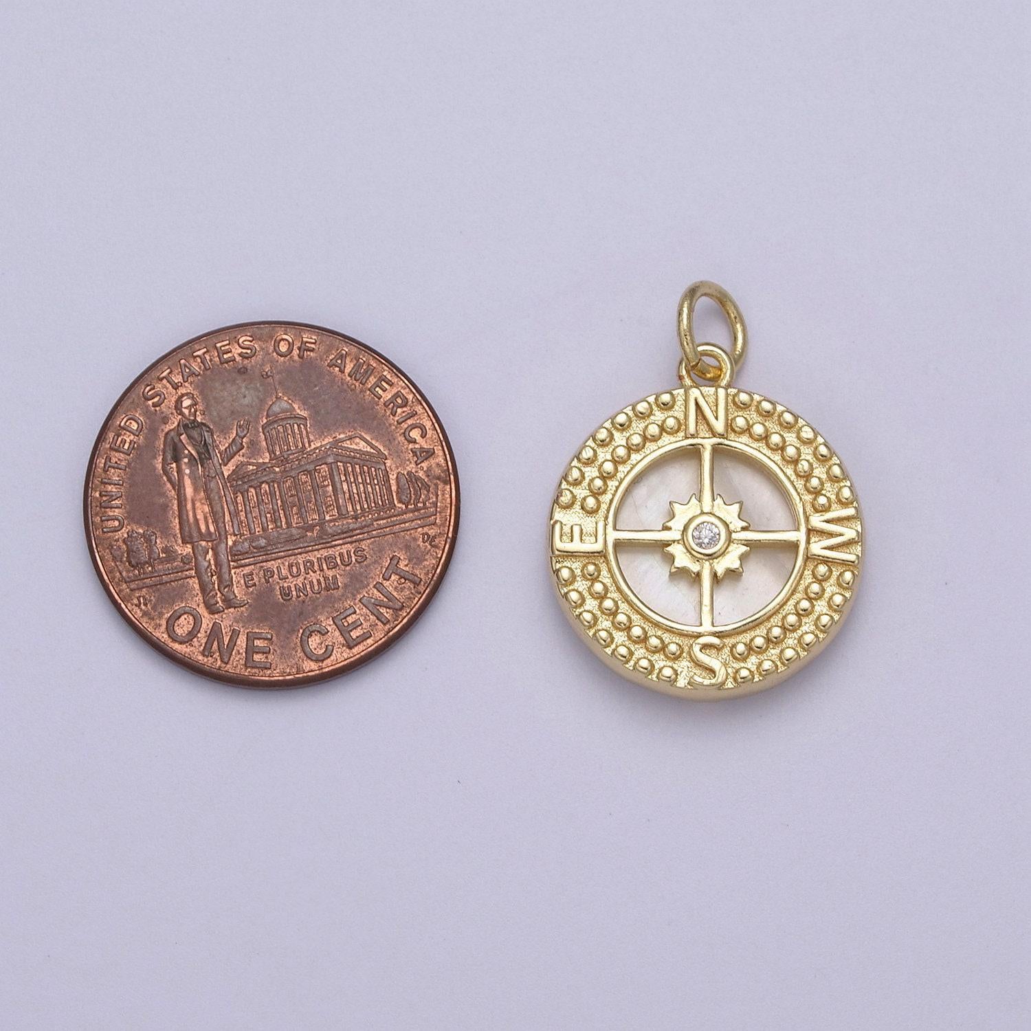 24k gold filled compass charm shell pearl round medallion pendant for necklace bracelet travel adeventure jewelry inspired | n384
