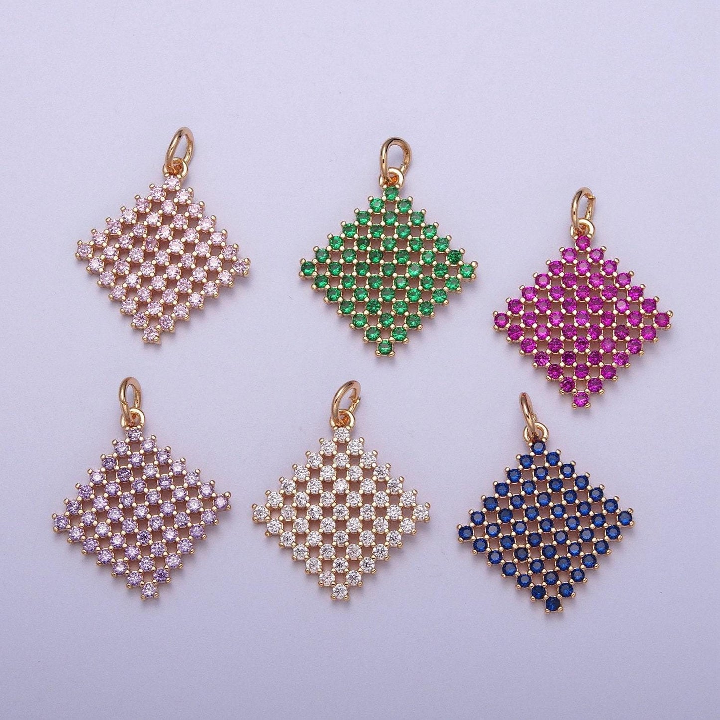 14k gold filled diamond colored mesh net micro pave cz stones pendant, rhombus statement charm for necklace | x-162~x-167
