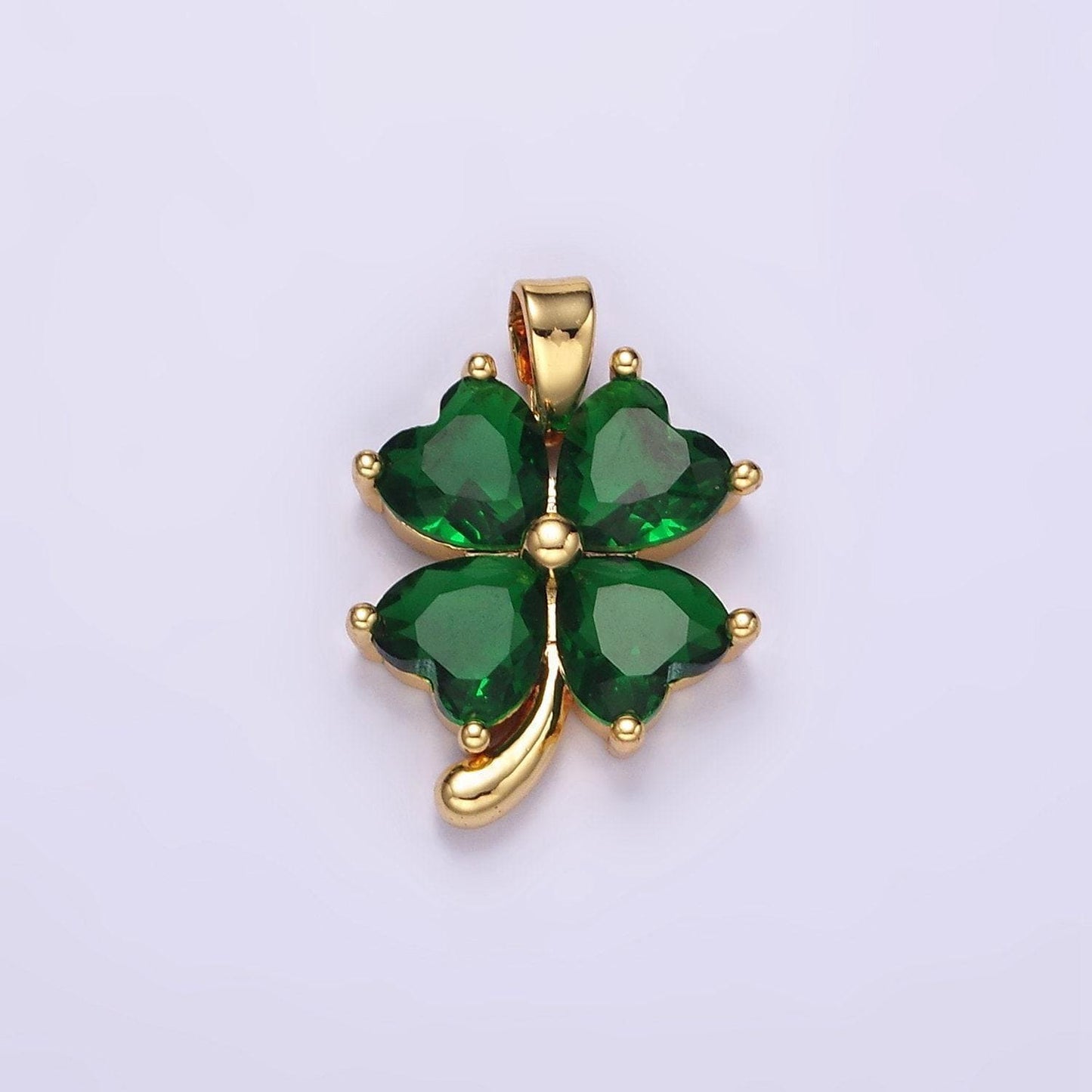 Gold cz dark green four-leaf clover pendant, 14k gold filled clover green hearts charm lucky pendant jewelry making supply | aa058