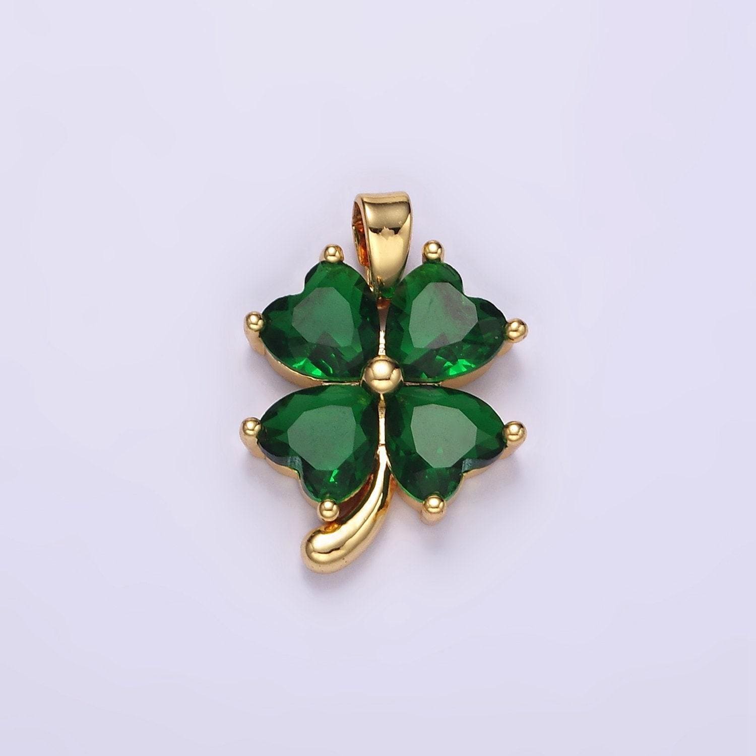 Gold cz dark green four-leaf clover pendant, 14k gold filled clover green hearts charm lucky pendant jewelry making supply | aa058