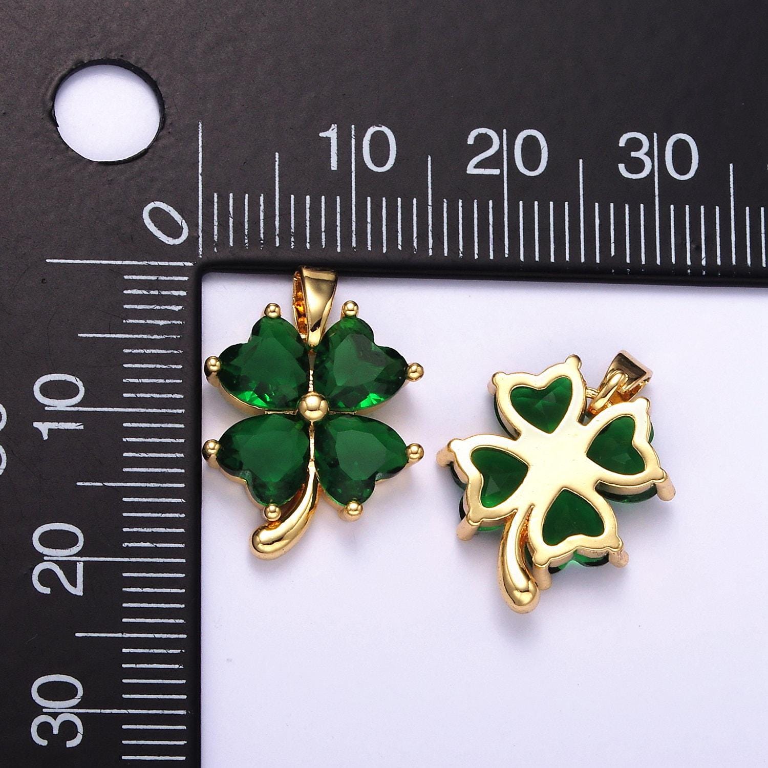 Gold cz dark green four-leaf clover pendant, 14k gold filled clover green hearts charm lucky pendant jewelry making supply | aa058
