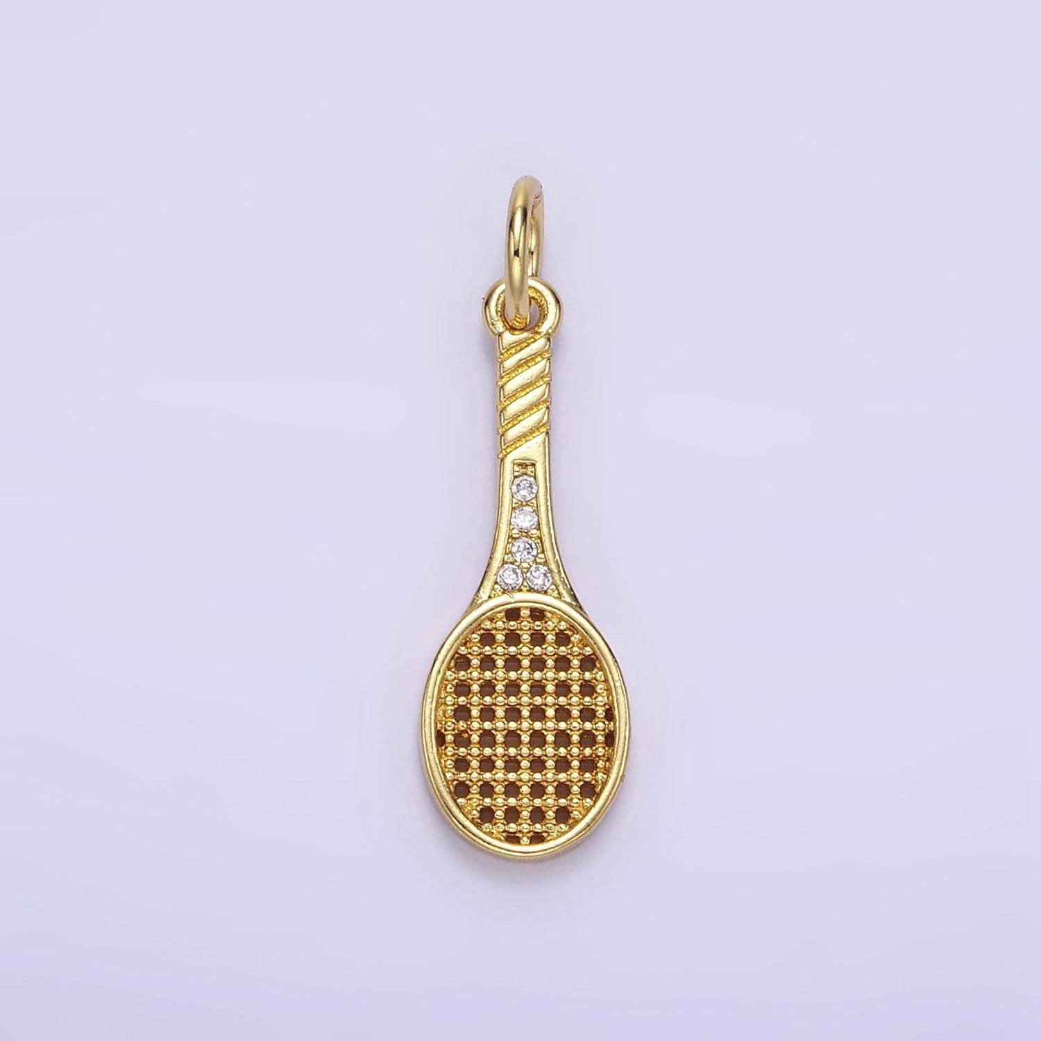 14k gold filled tennis racquet charm with cz for sport jewelry inspired necklace bracelet component | ag-888
