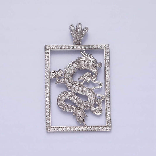 Micro pave silver dragon, gold frame majestic, fairy tale mythical creature tablet necklace pendant charm for jewelry making aa243