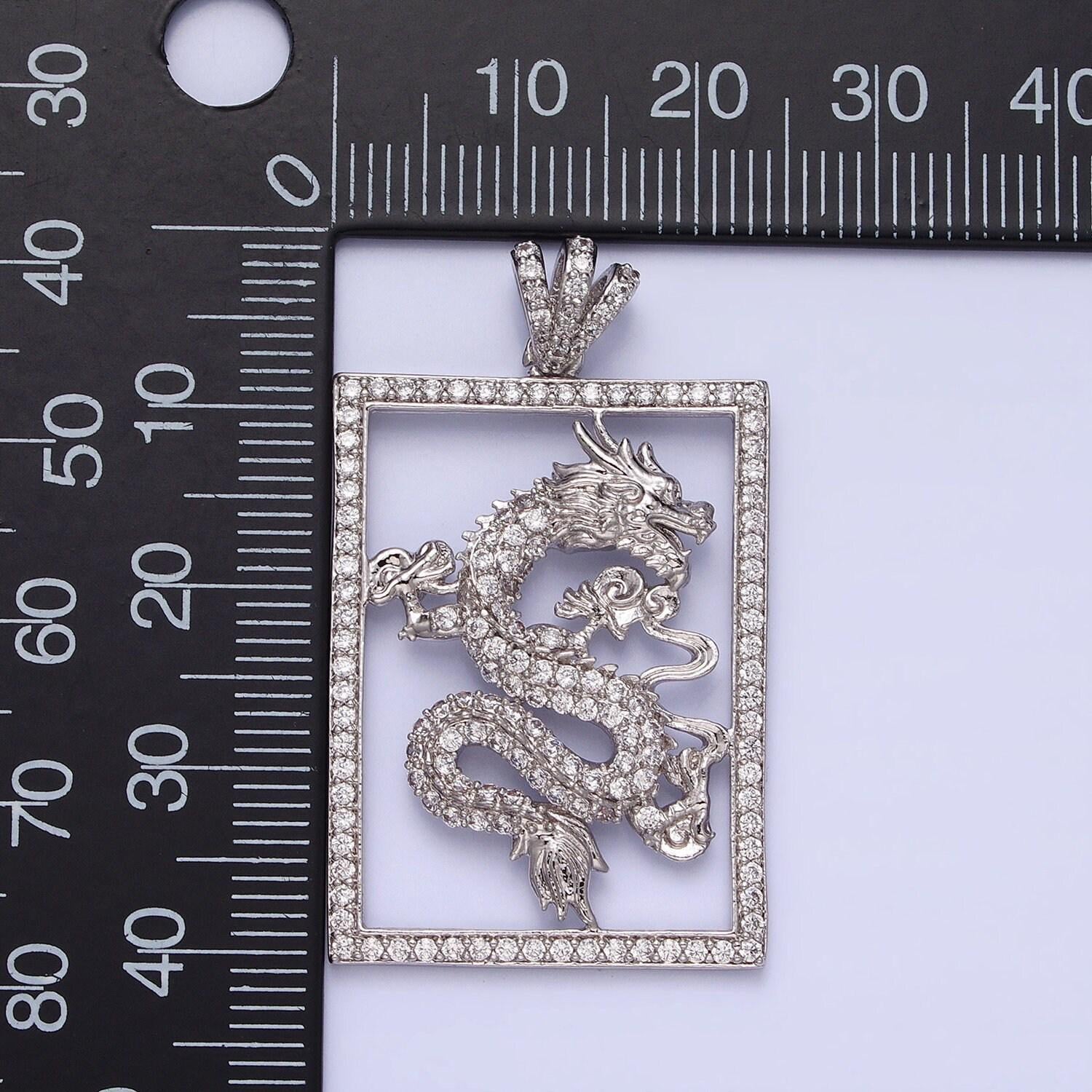 Micro pave silver dragon, gold frame majestic, fairy tale mythical creature tablet necklace pendant charm for jewelry making aa243