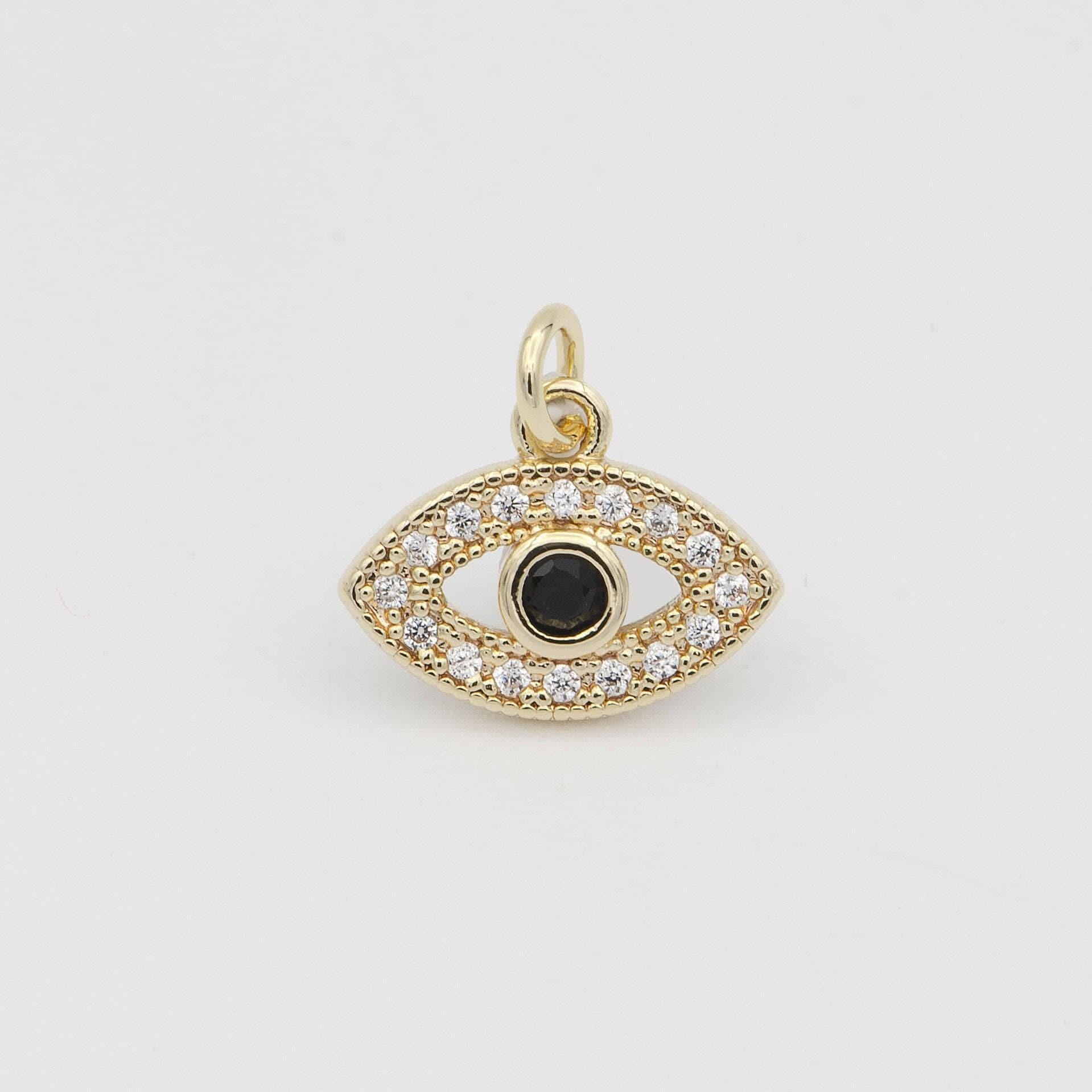 14k gold evil eye, micro pave evil eye charm, black cubic charms, cz gold evil eye charm, dainty minimalist jewelry supply e-159