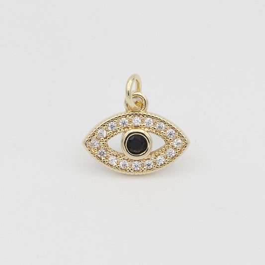 14k gold evil eye, micro pave evil eye charm, black cubic charms, cz gold evil eye charm, dainty minimalist jewelry supply e-159