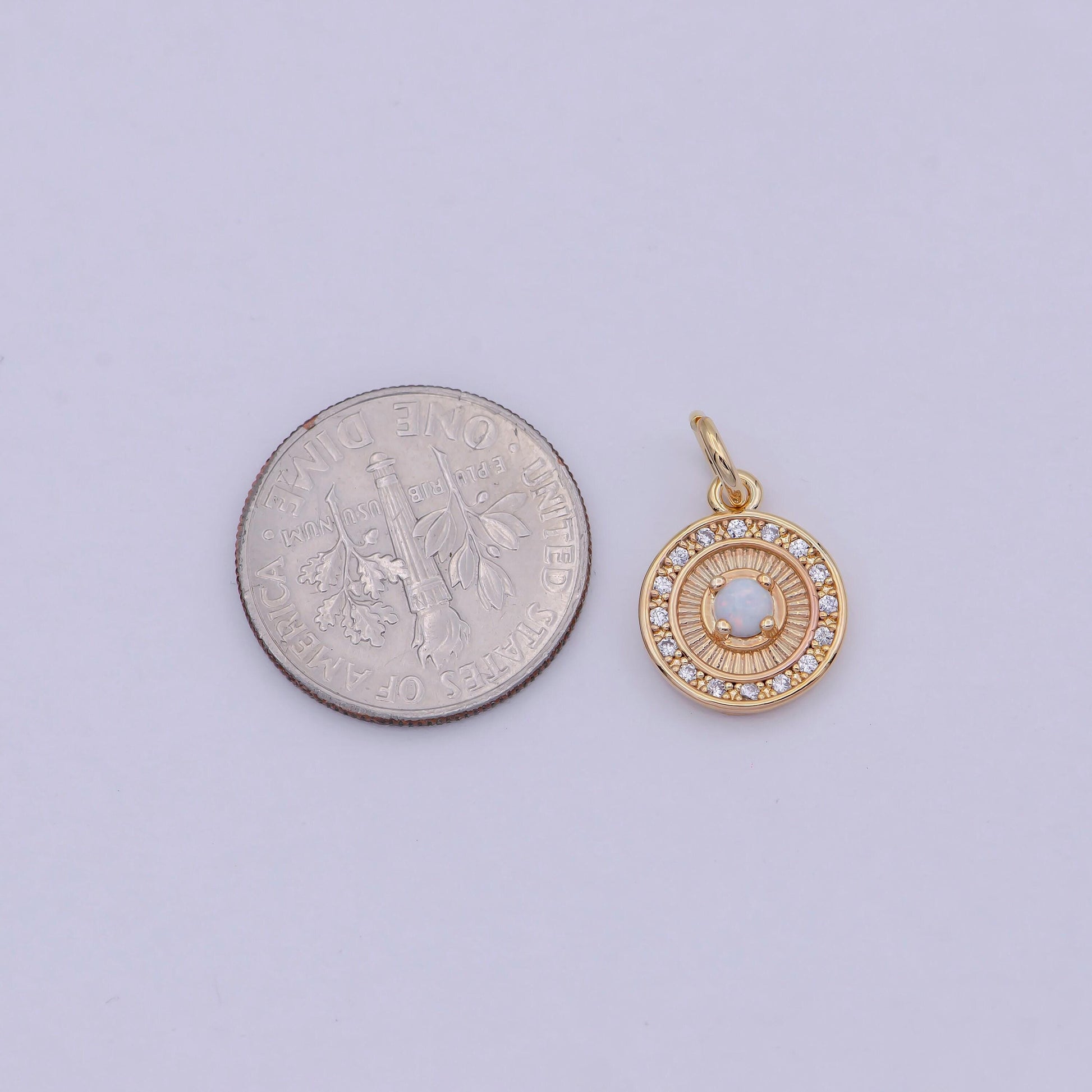 Mini round charm with opal stone 18k gold filled coin pendant for minimalist jewelry n-909