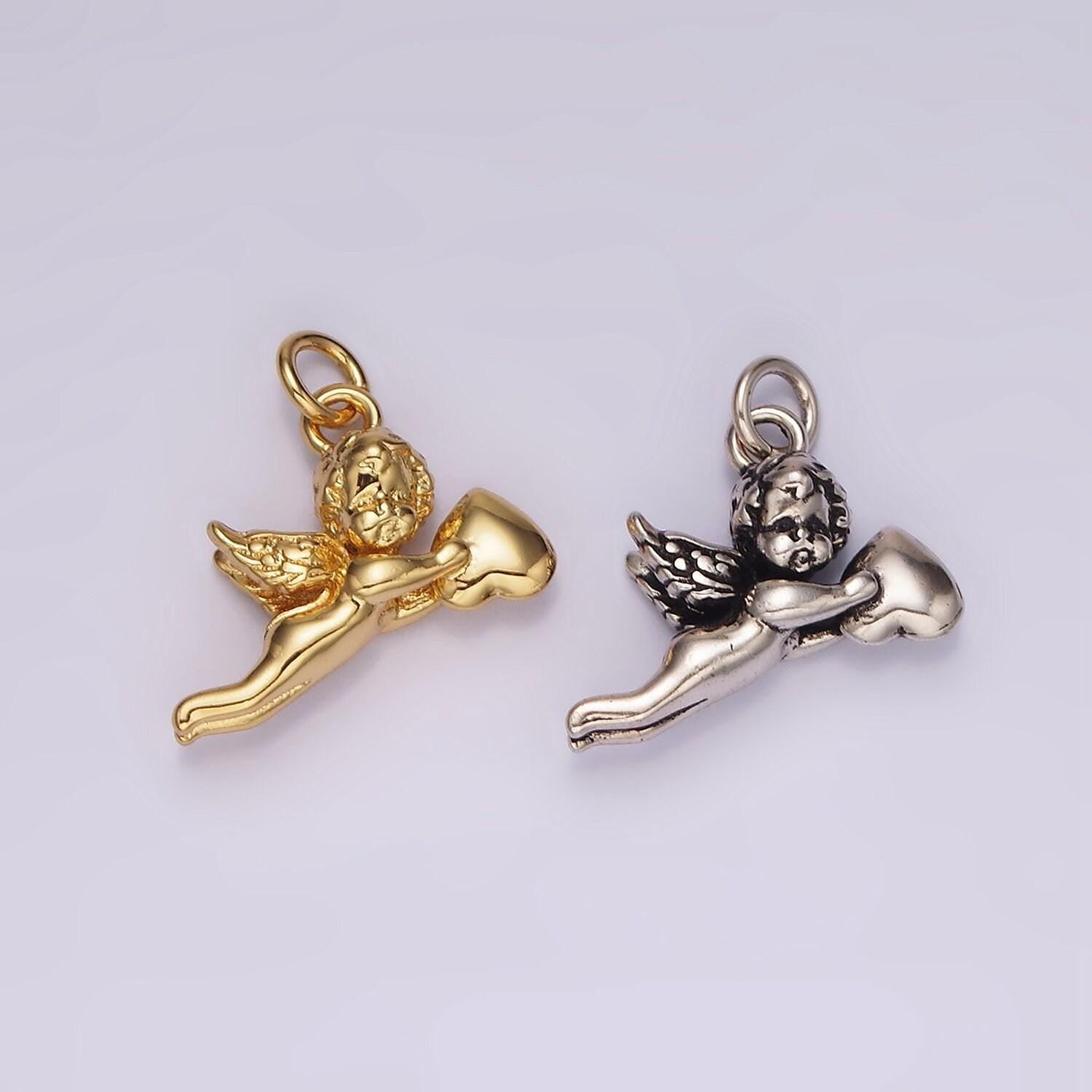 14k gold filed cherub baby angel heart puffed mini charm in gold & silver | ag592