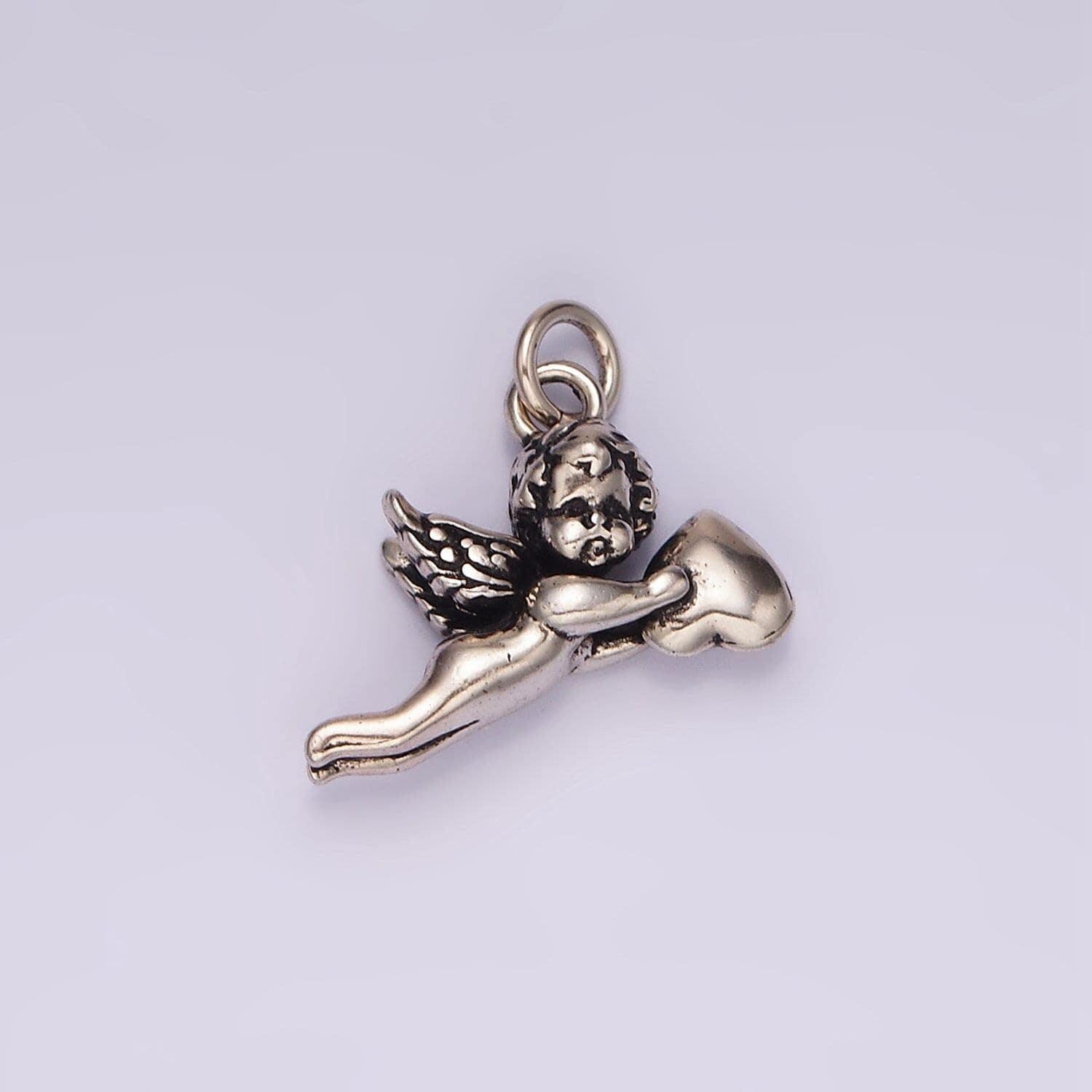 14k gold filed cherub baby angel heart puffed mini charm in gold & silver | ag592
