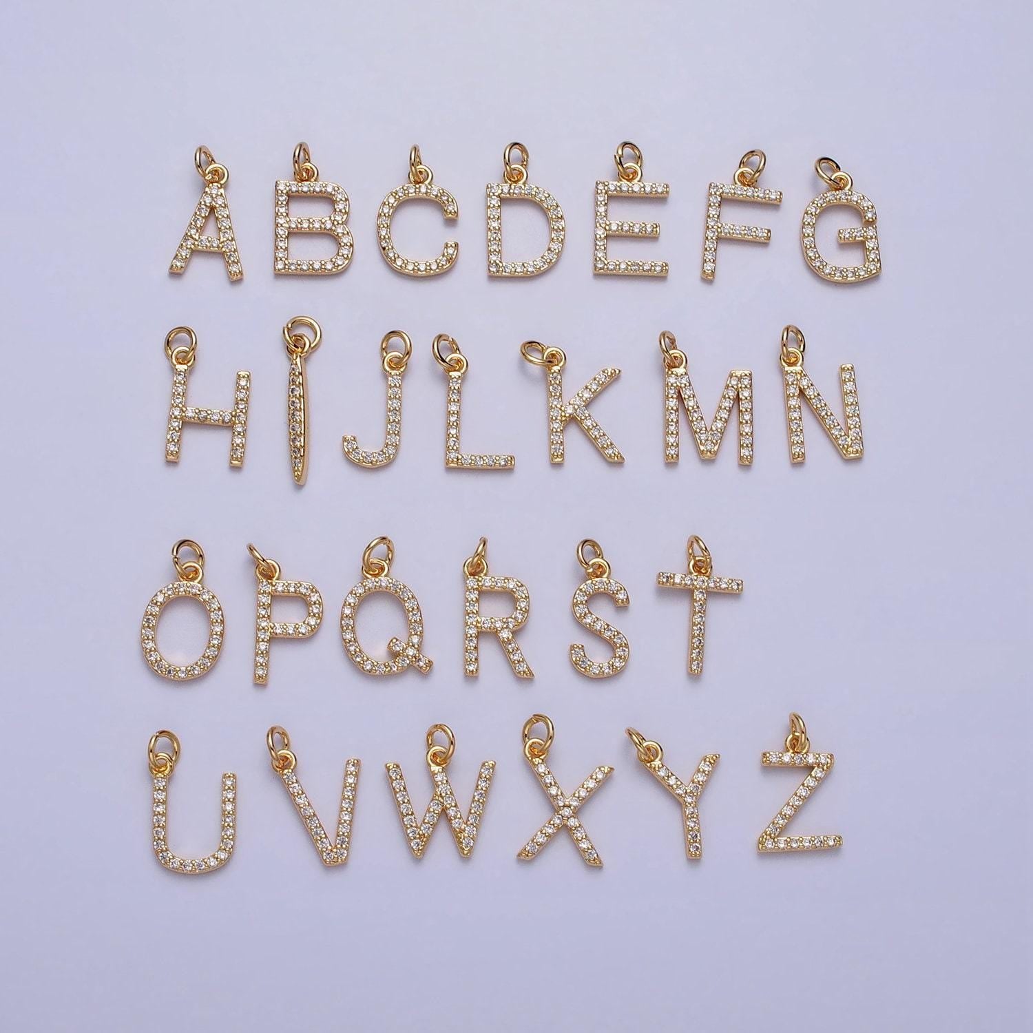 Dainty gold cz micro pave initial letter charm small letter pendant, cubic alphabeth charm, 15mm micro pave letters dangle charm