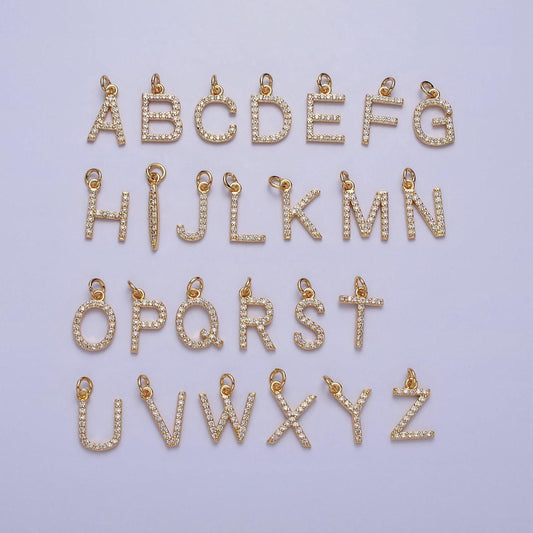 Dainty gold cz micro pave initial letter charm small letter pendant, cubic alphabeth charm, 15mm micro pave letters dangle charm