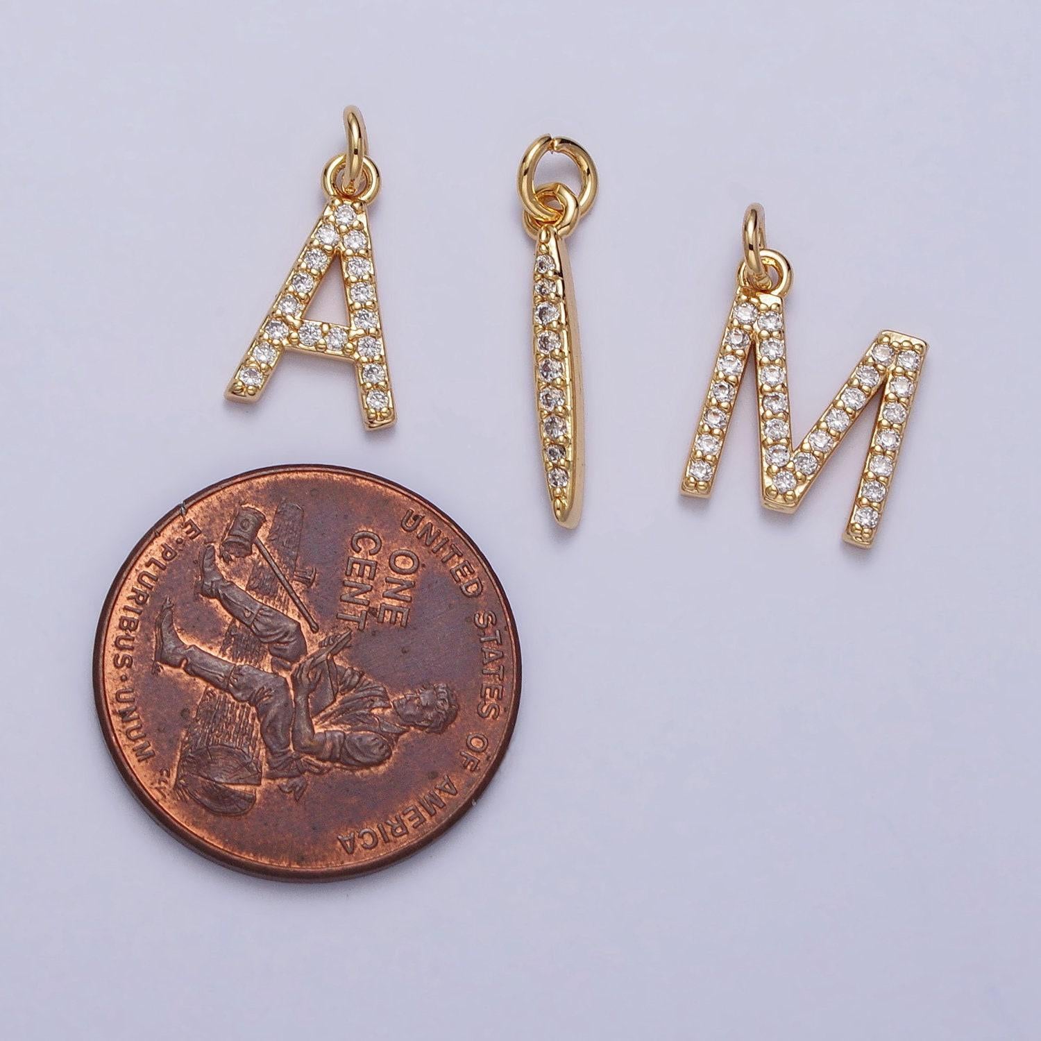 Dainty gold cz micro pave initial letter charm small letter pendant, cubic alphabeth charm, 15mm micro pave letters dangle charm