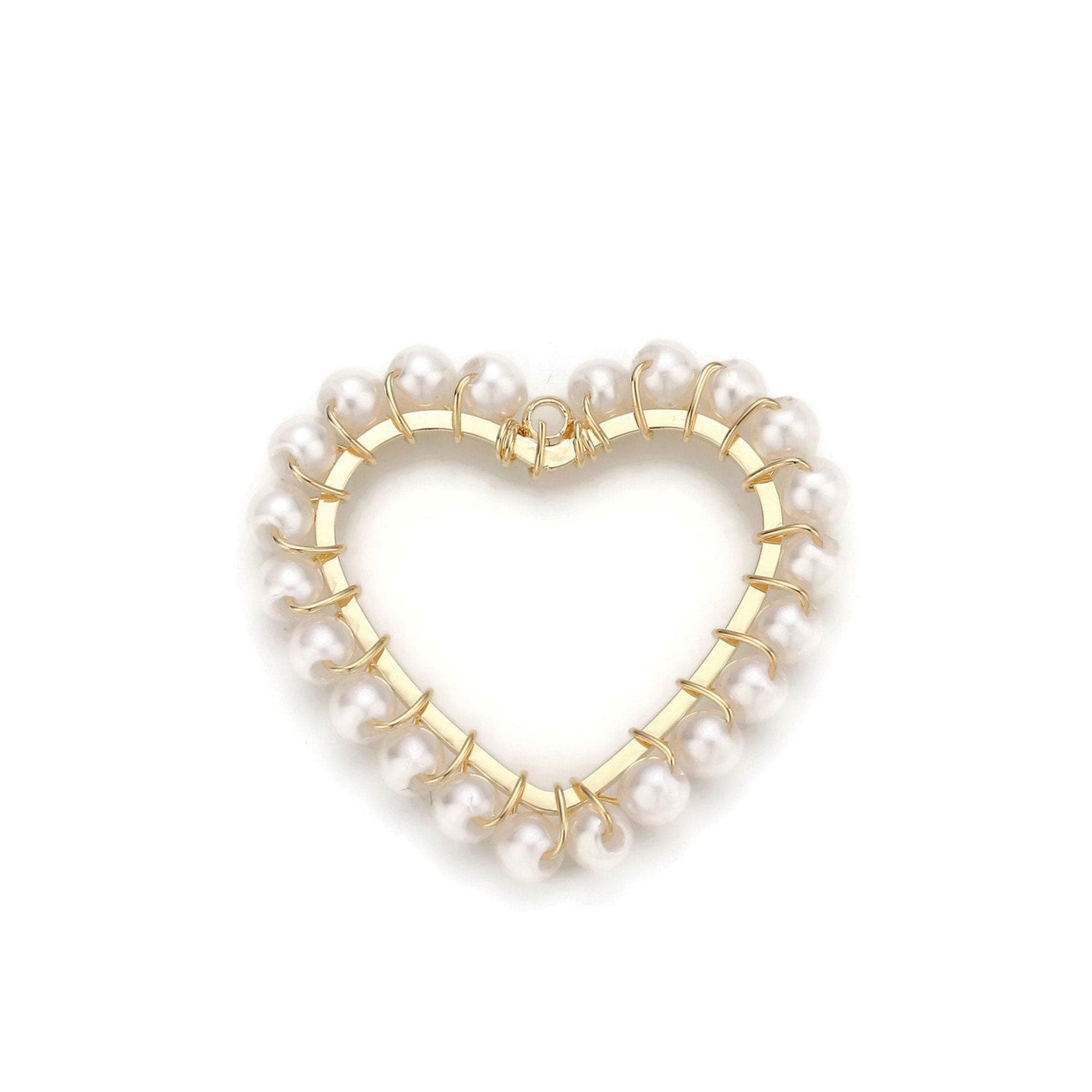 Wire wrap pearl heart charm pendant 18k light gold plated edge for necklace anklet bracelet earring charm supplies 27mmx27mm e-516