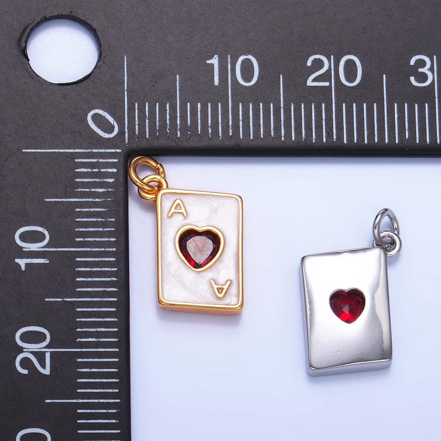 Red cz ace of hearts 24k gold filled playing card charm in gold & silver | w-008