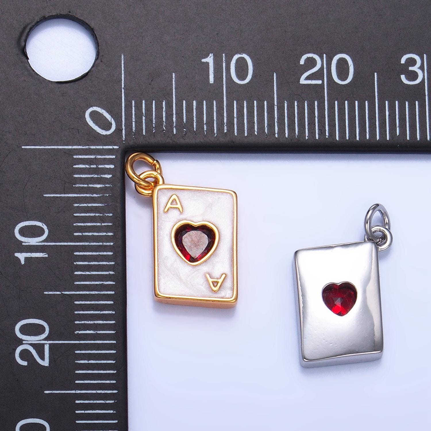 Red cz ace of hearts 24k gold filled playing card charm in gold & silver | w-008