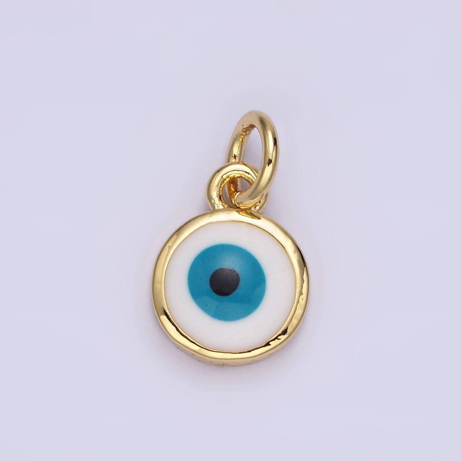 14k gold filled white, blue evil eye enamel 8mm round charm | n1023 n1024
