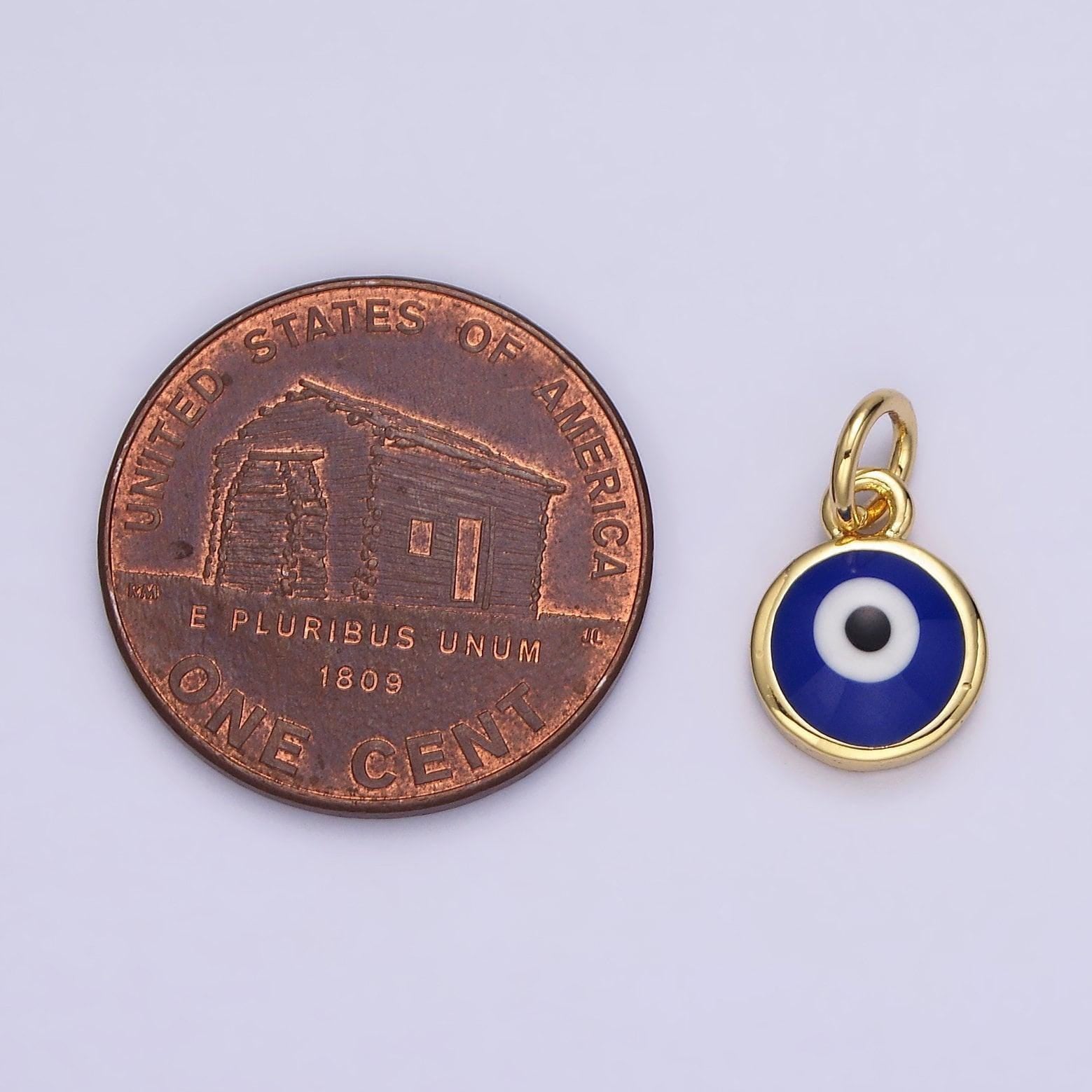 14k gold filled white, blue evil eye enamel 8mm round charm | n1023 n1024