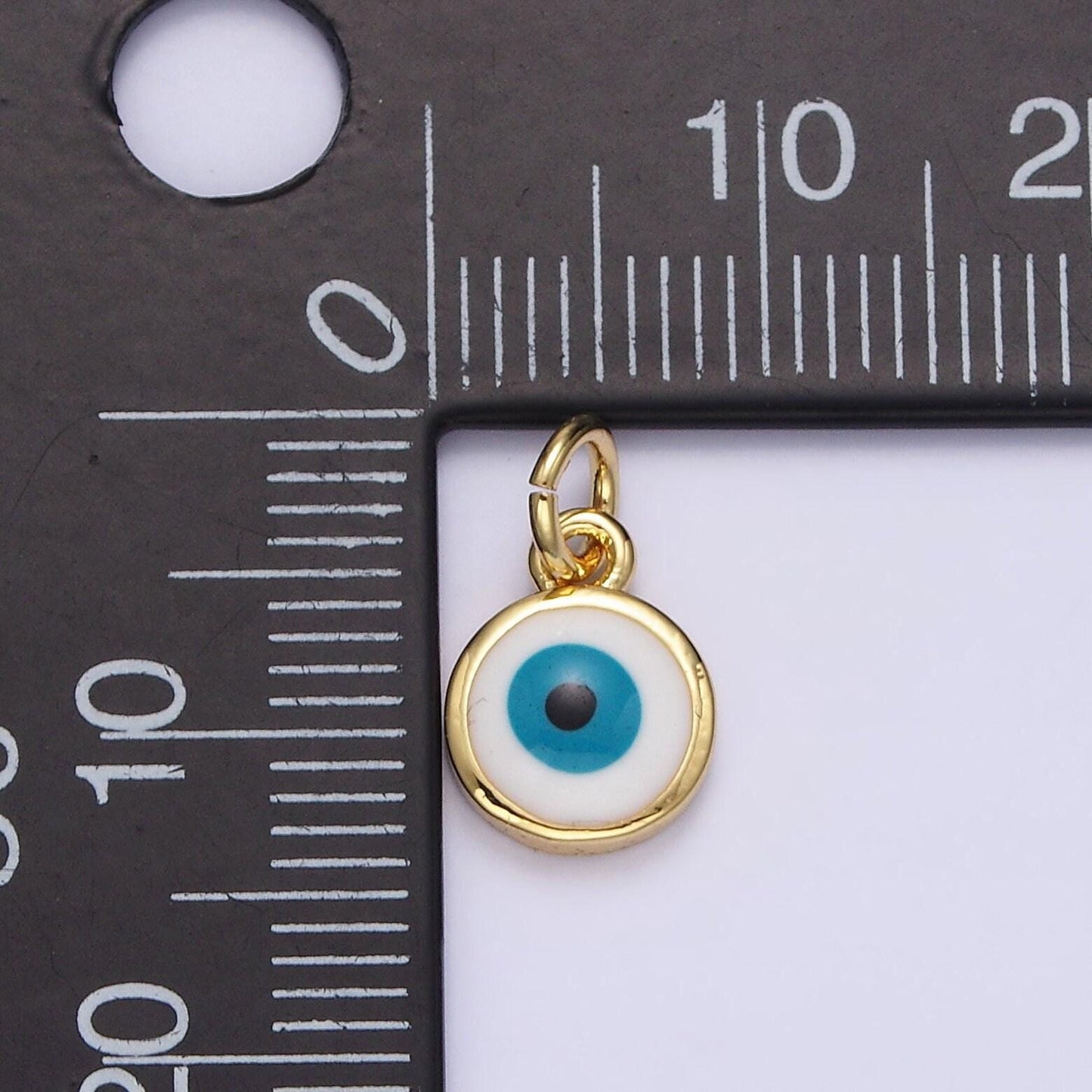 14k gold filled white, blue evil eye enamel 8mm round charm | n1023 n1024