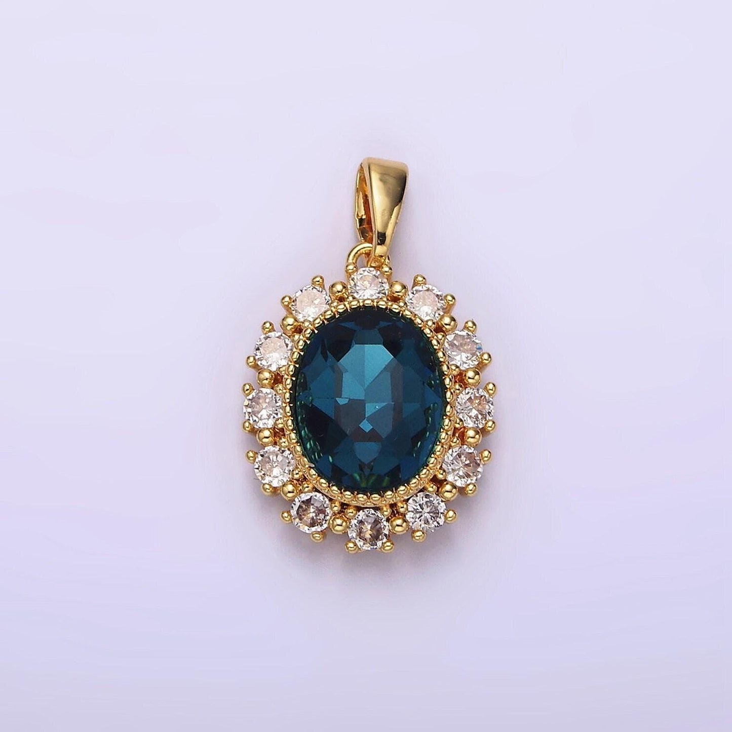 14k gold filled blue multifaceted cz dotted outlined oval pendant in gold & silver | n1800 n1801