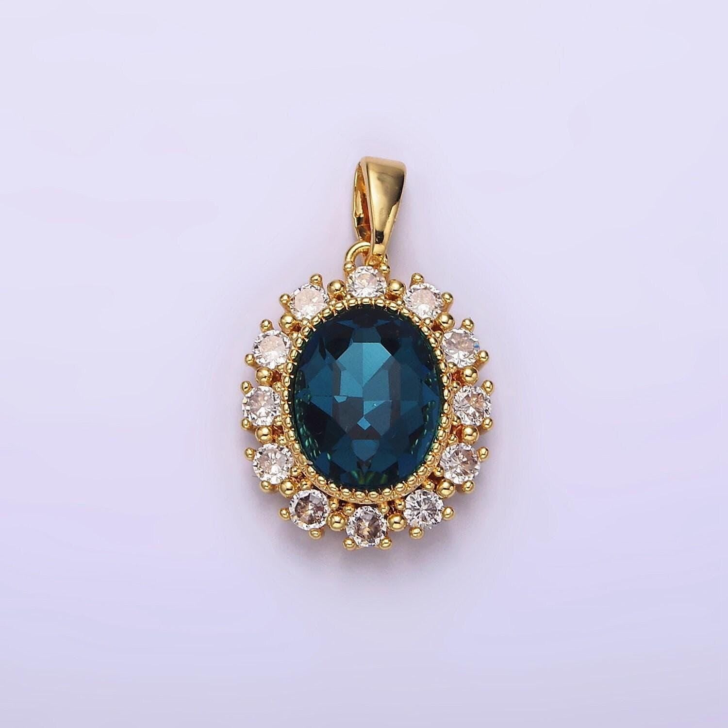 14k gold filled blue multifaceted cz dotted outlined oval pendant in gold & silver | n1800 n1801