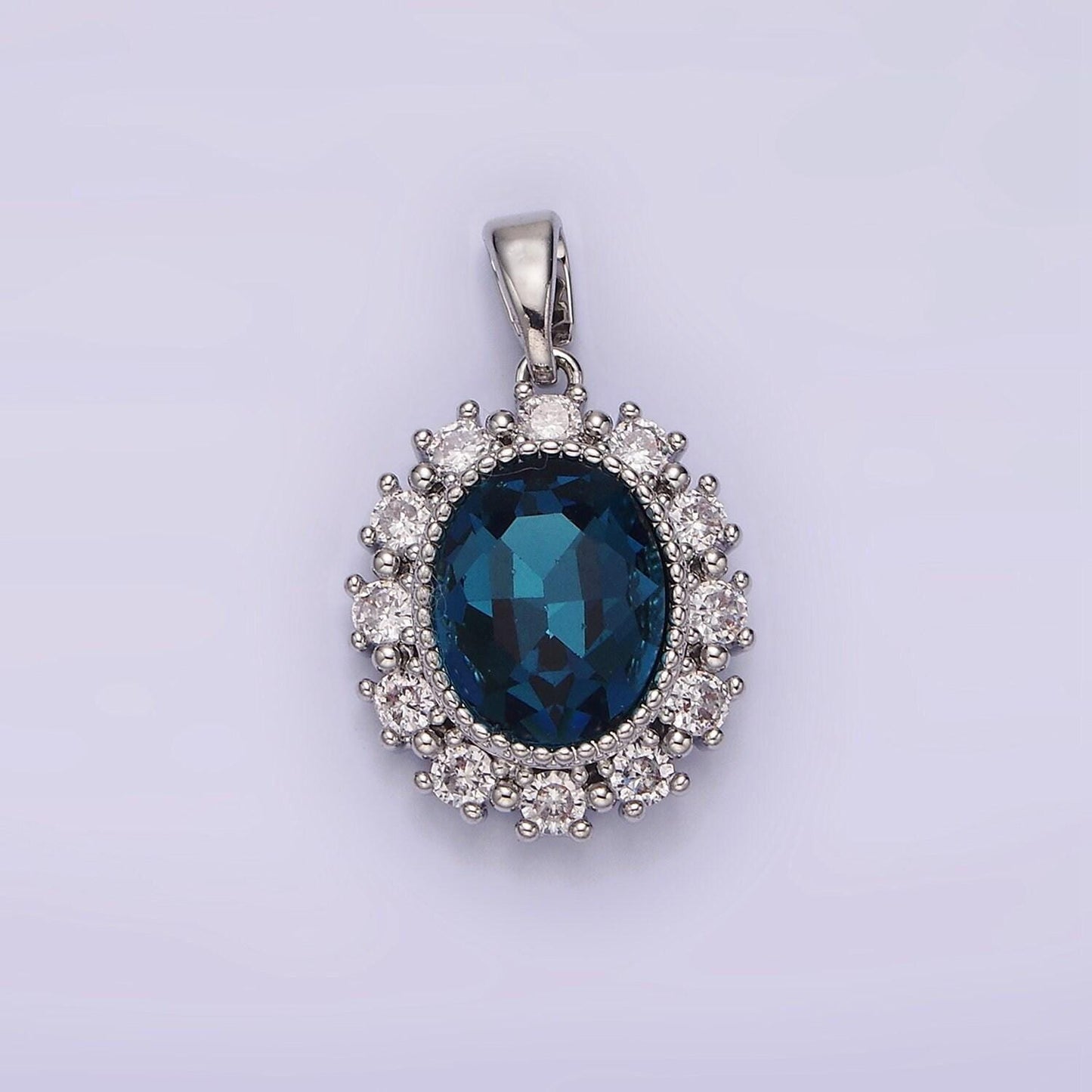 14k gold filled blue multifaceted cz dotted outlined oval pendant in gold & silver | n1800 n1801