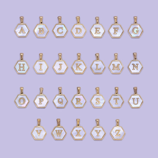 Mother of pearl letter charm initial necklace pendant personalized hexagon gold geometric monogram jewelry initial necklace