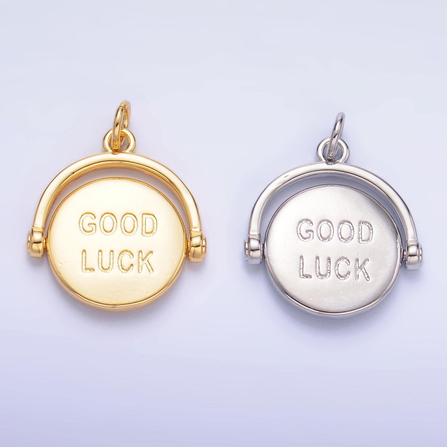 Double sided dainty gold filled Good Luck Coin charm Fortune Coin Try Again spinner pendant for Minimalist jewelry making inspired W401
