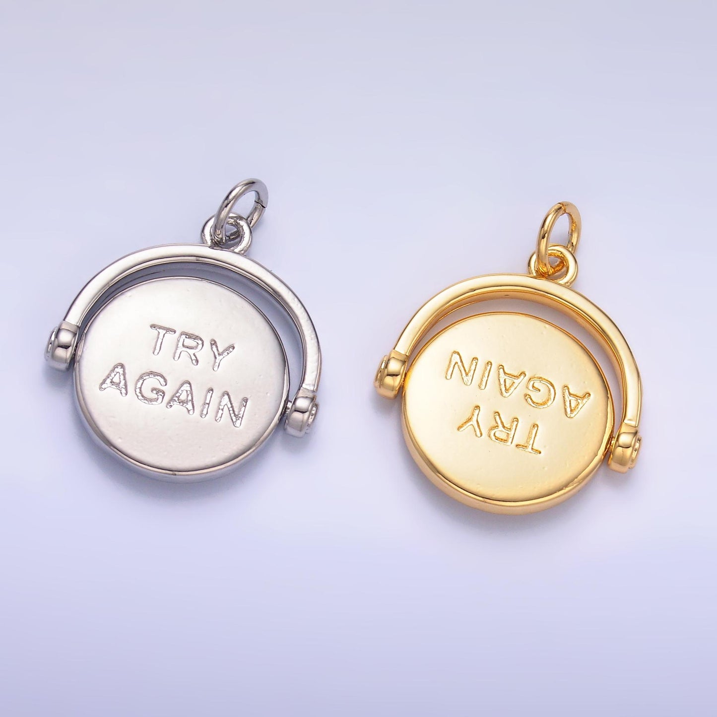 Double sided dainty gold filled Good Luck Coin charm Fortune Coin Try Again spinner pendant for Minimalist jewelry making inspired W401