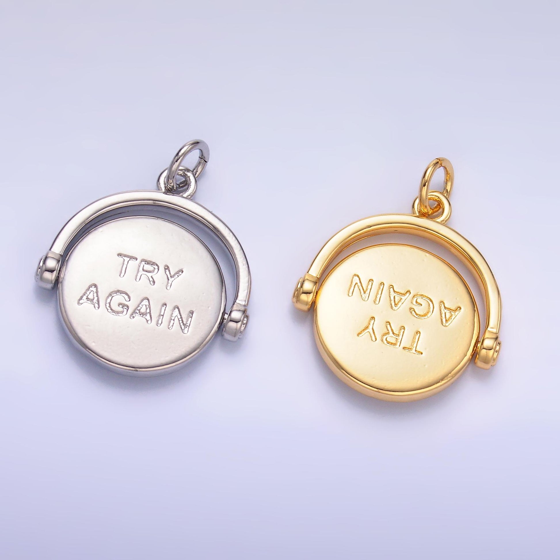 Double sided dainty gold filled Good Luck Coin charm Fortune Coin Try Again spinner pendant for Minimalist jewelry making inspired W401