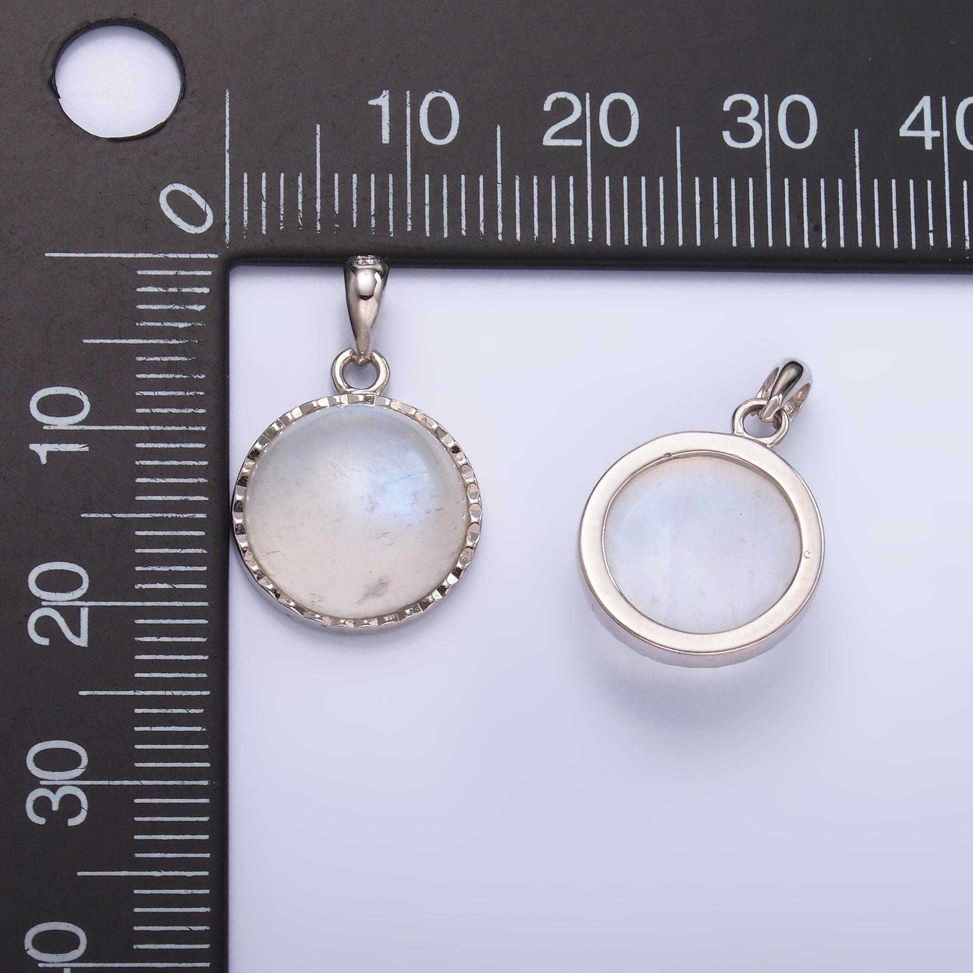Dainty S925 Sterling Silver rainbow moonstone bezel round pendant charm | SL-609