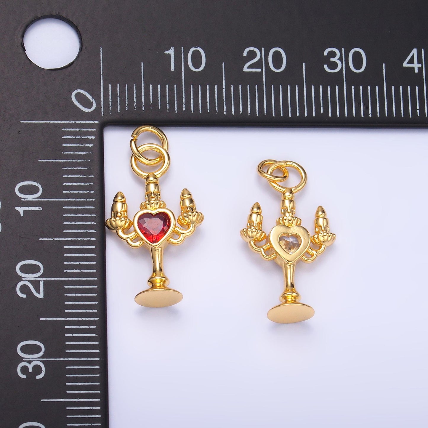 Mini Gold Filled Candelabra Charm Heart CZ Candlesticks Charm for Necklace or Bracelet cHARM w339