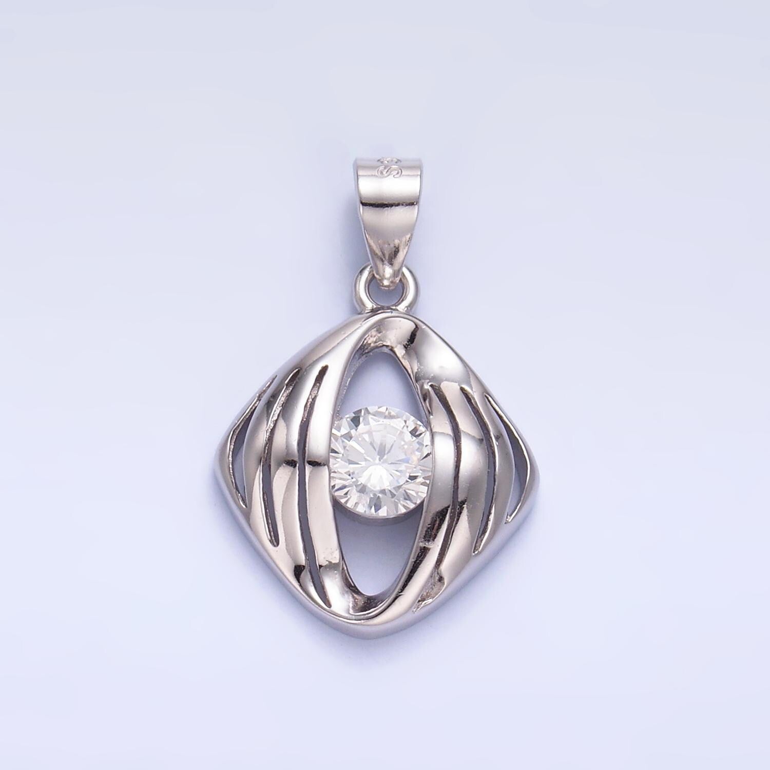 S925 Sterling Silver Clear CZ Geometric Open Pendant | SL-600