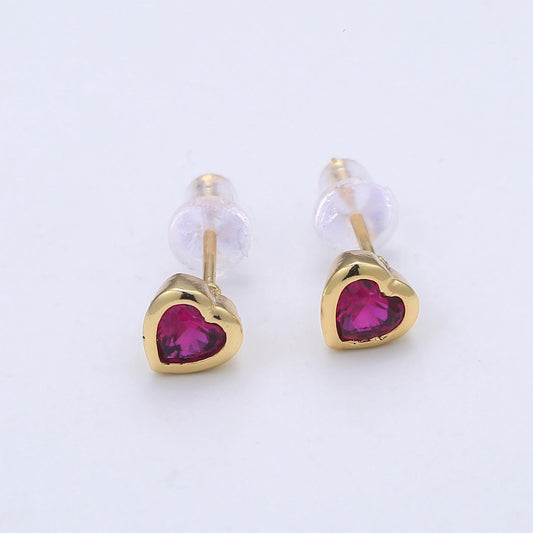 1x tiny heart cz plain bezel set earrings, 14k gold earring, tiny studs, minimal earring, gold cz stud earring