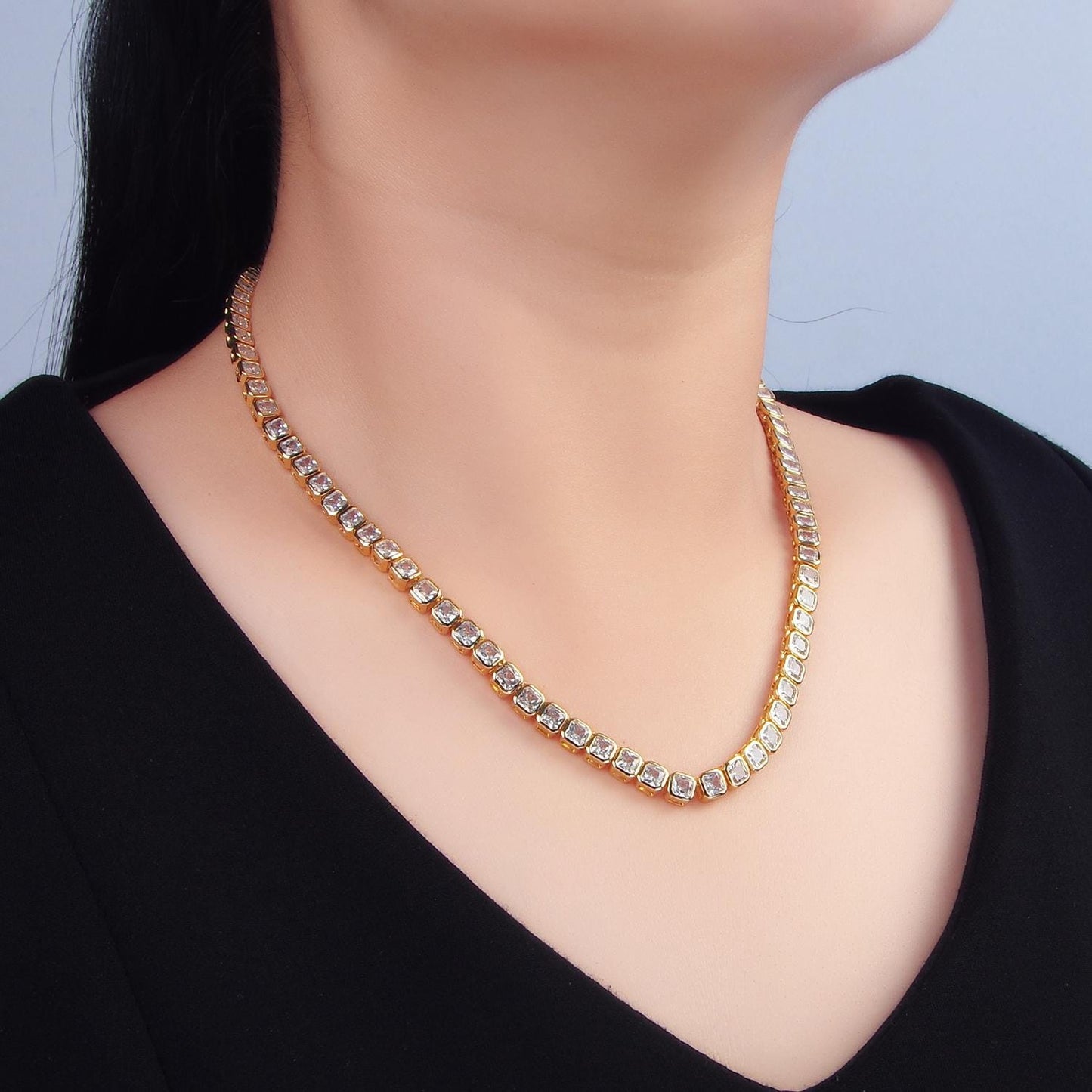 24k gold filled tennis choker necklace Square CZ diamond tennis necklace Clear cubic zirconia stones 17 inch Long | WA2641