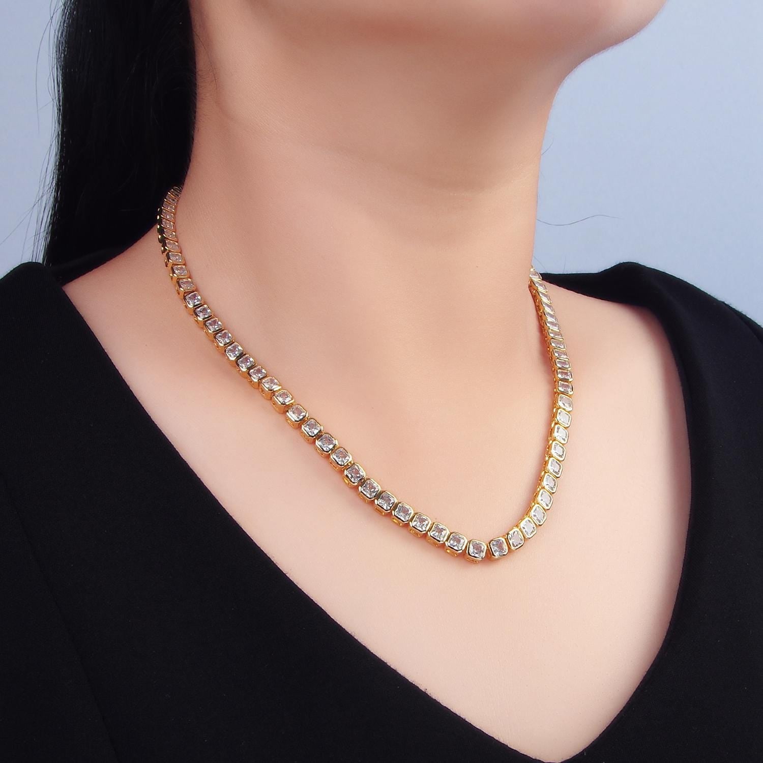 24k gold filled tennis choker necklace Square CZ diamond tennis necklace Clear cubic zirconia stones 17 inch Long | WA2641