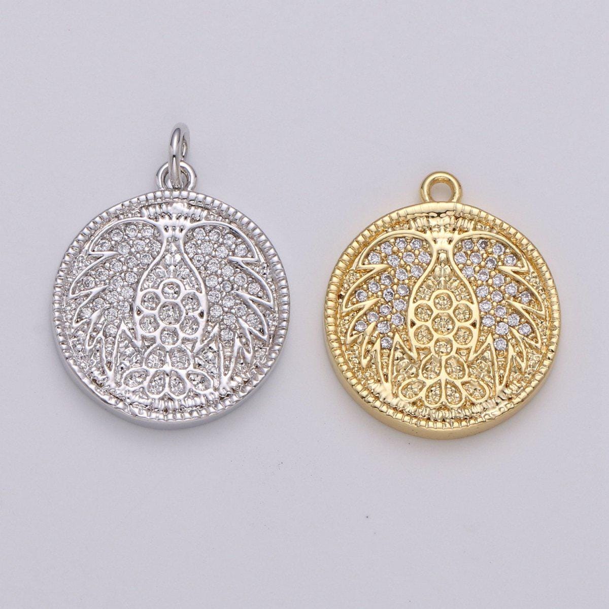 Gold Angel Wing Charm Pendant, CZ Micro Pave Angel Wing Pendant, Gold Coin Angel Wing Charm, Cubic Zirconia Micro Pave Silver Wing Charm