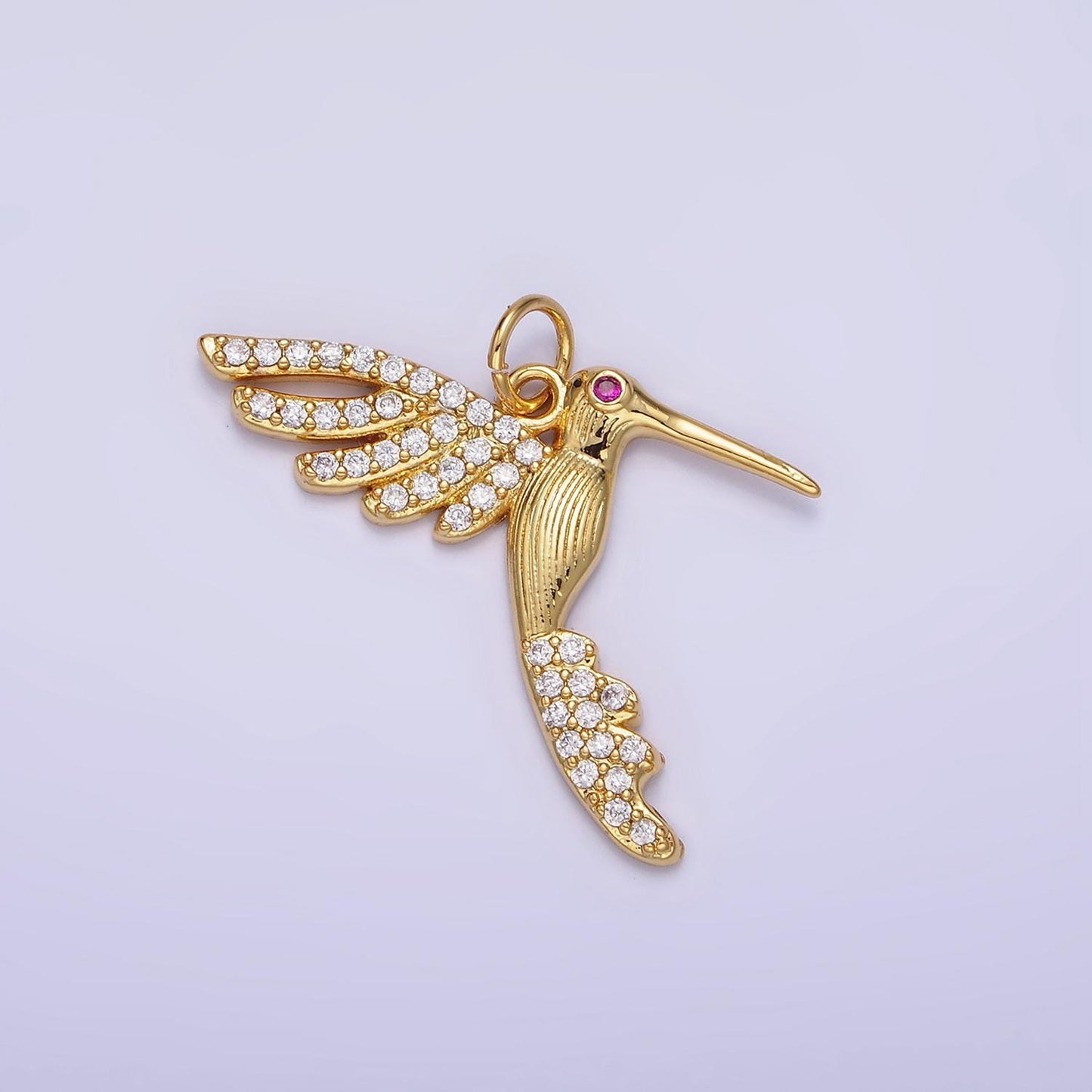 Dainty gold hummingbird charm, clear cz micro pave | aa-001