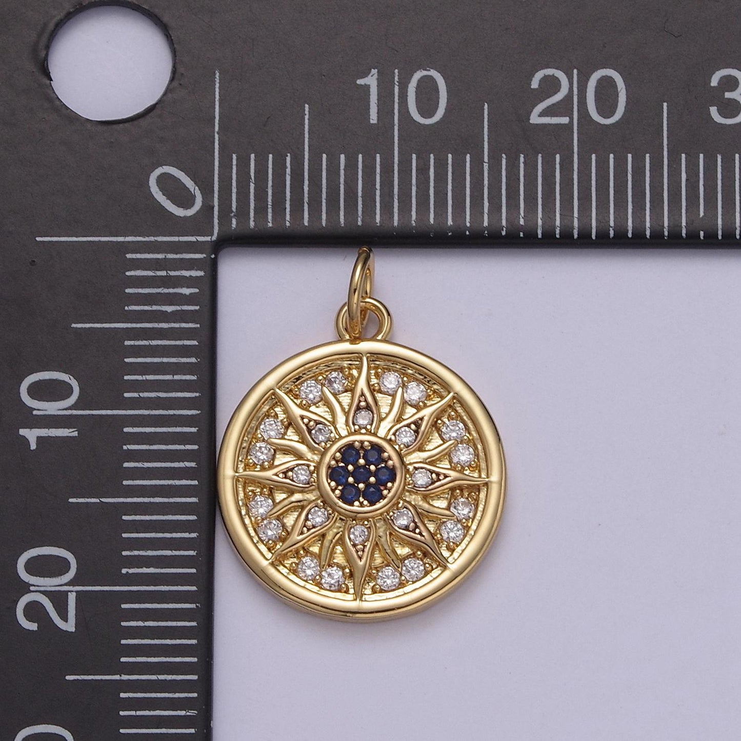Dainty sunburst vergina sun charm round medallion pendant micro cz pave with blue center argead star sun celestial gold jewelry | n-875