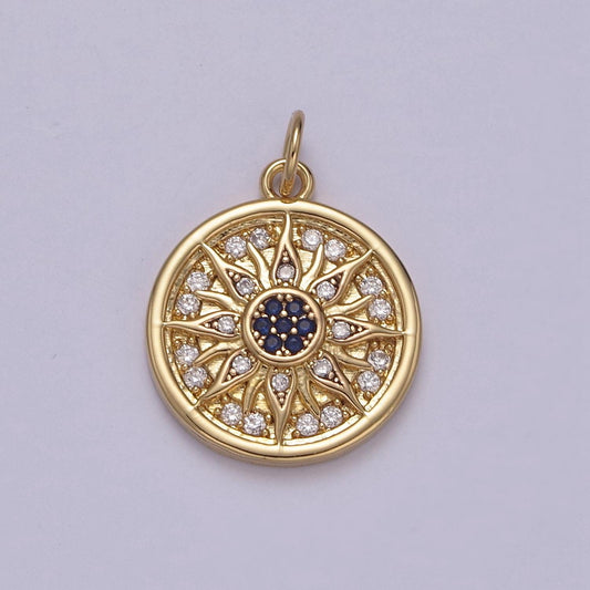 Dainty sunburst vergina sun charm round medallion pendant micro cz pave with blue center argead star sun celestial gold jewelry | n-875